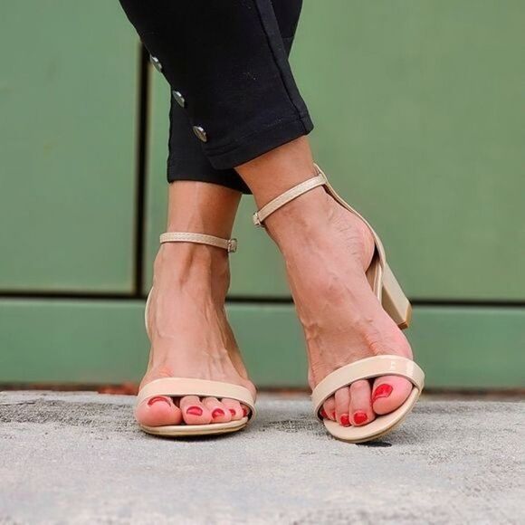 Women Ankle Straps Low Chunky Heels Sandals Beige Color - Picture 4 of 6